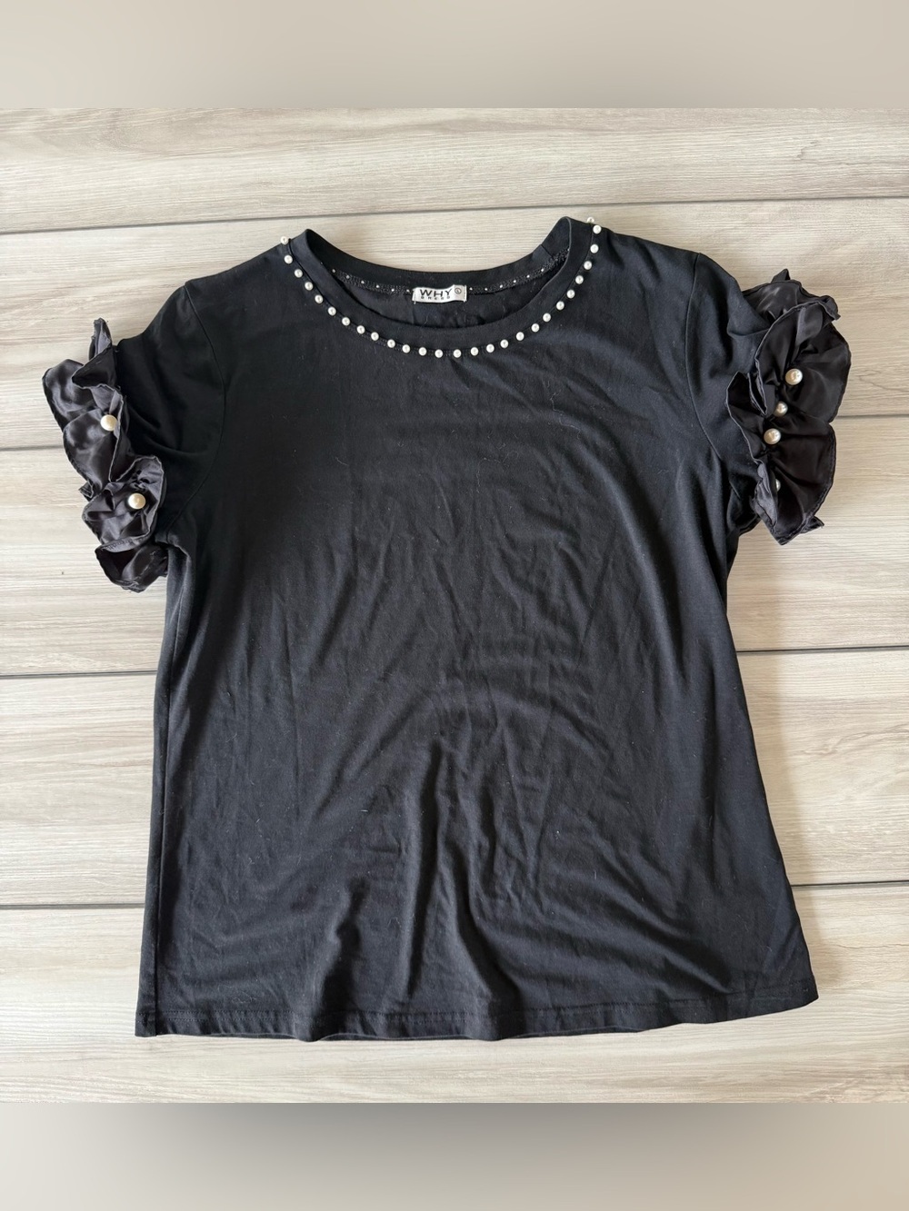 WHY Dress Top with Pearl Trim Black Large EUC